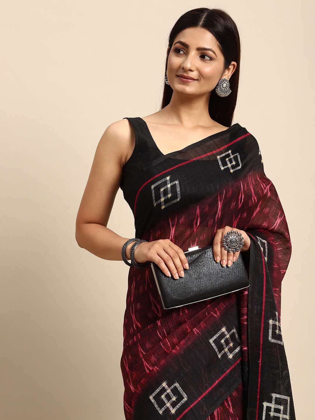 

Rani Saahiba Red & Black Linen Blend Sambalpuri Saree