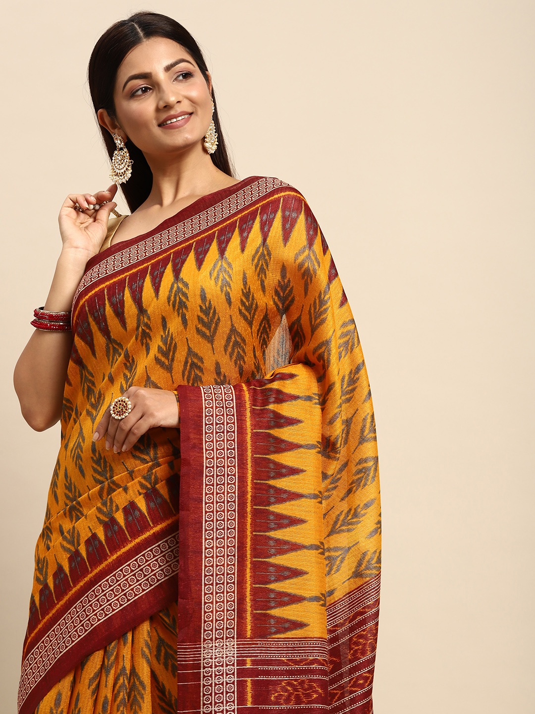 

Rani Saahiba Mustard & Maroon Ethnic Motifs Linen Blend Sambalpuri Saree