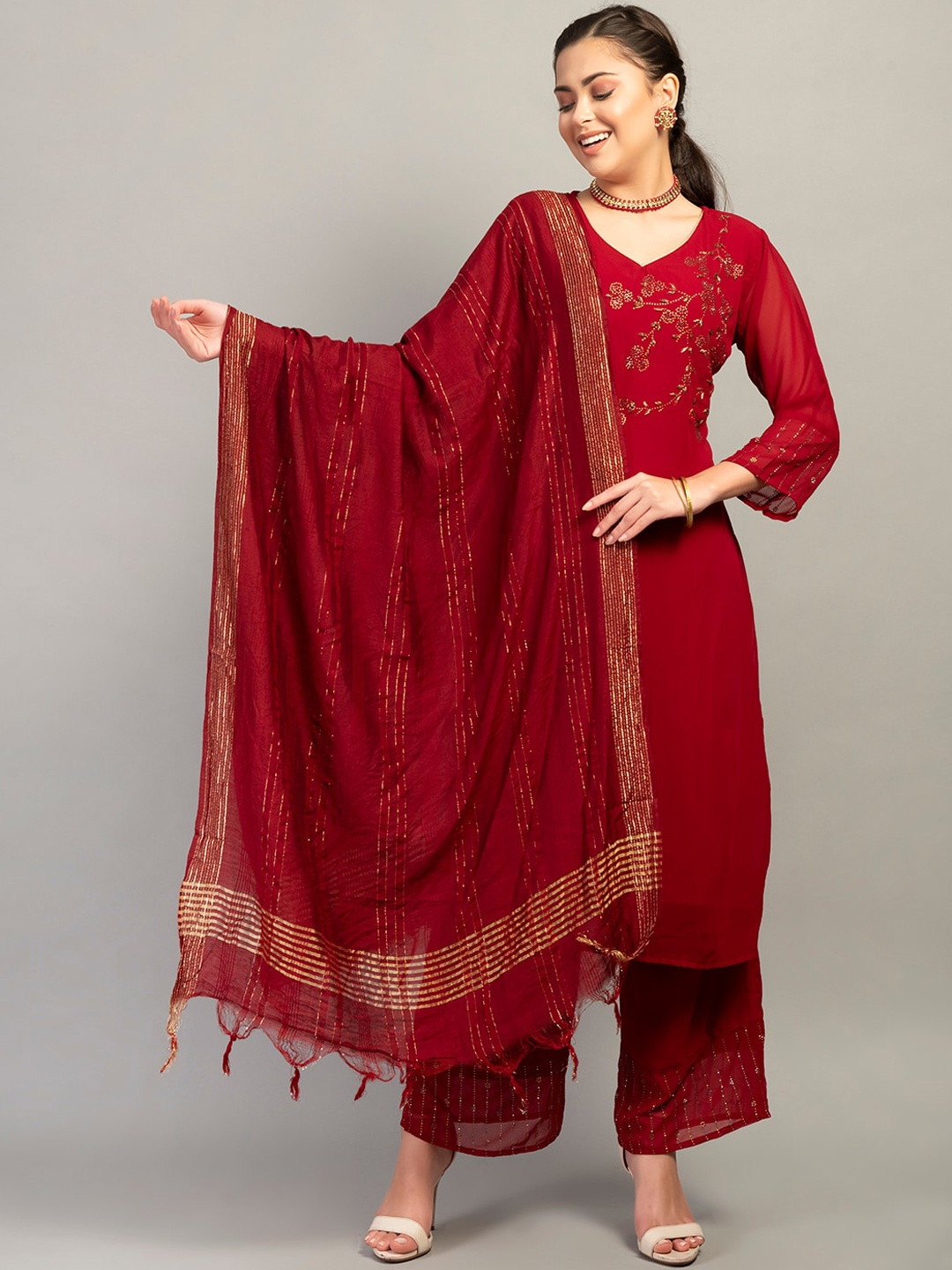 

DesiNoor com Women Maroon Floral Embroidered Kurta with Palazzo & Dupatta