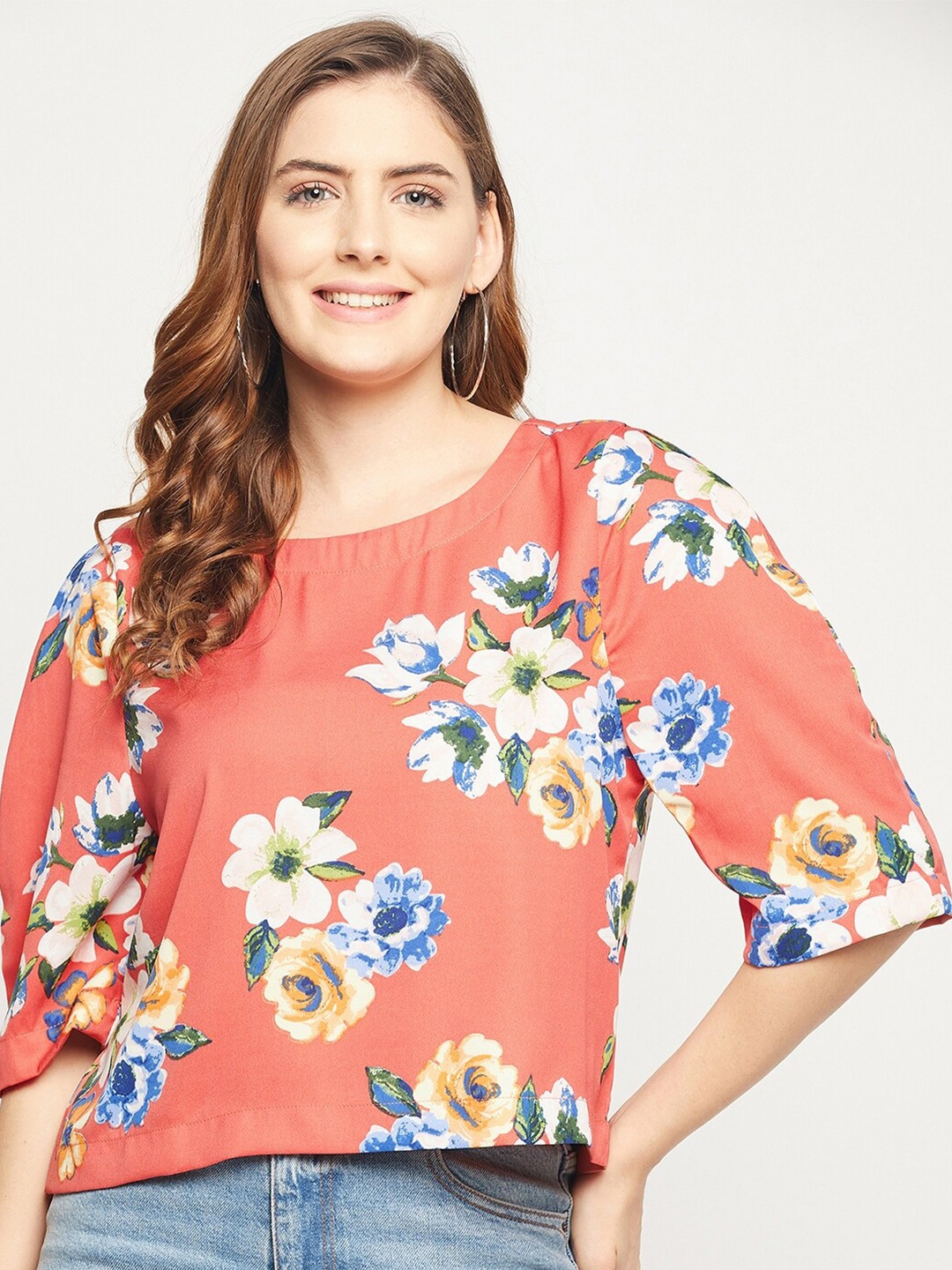 

Ruhaans Pink Floral Print Crepe Crop Top