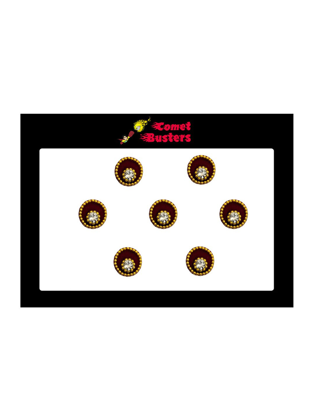 

Comet Busters 7 Pcs Embellished Reusable Designer Round Bindis - Maroon & Gold-Toned