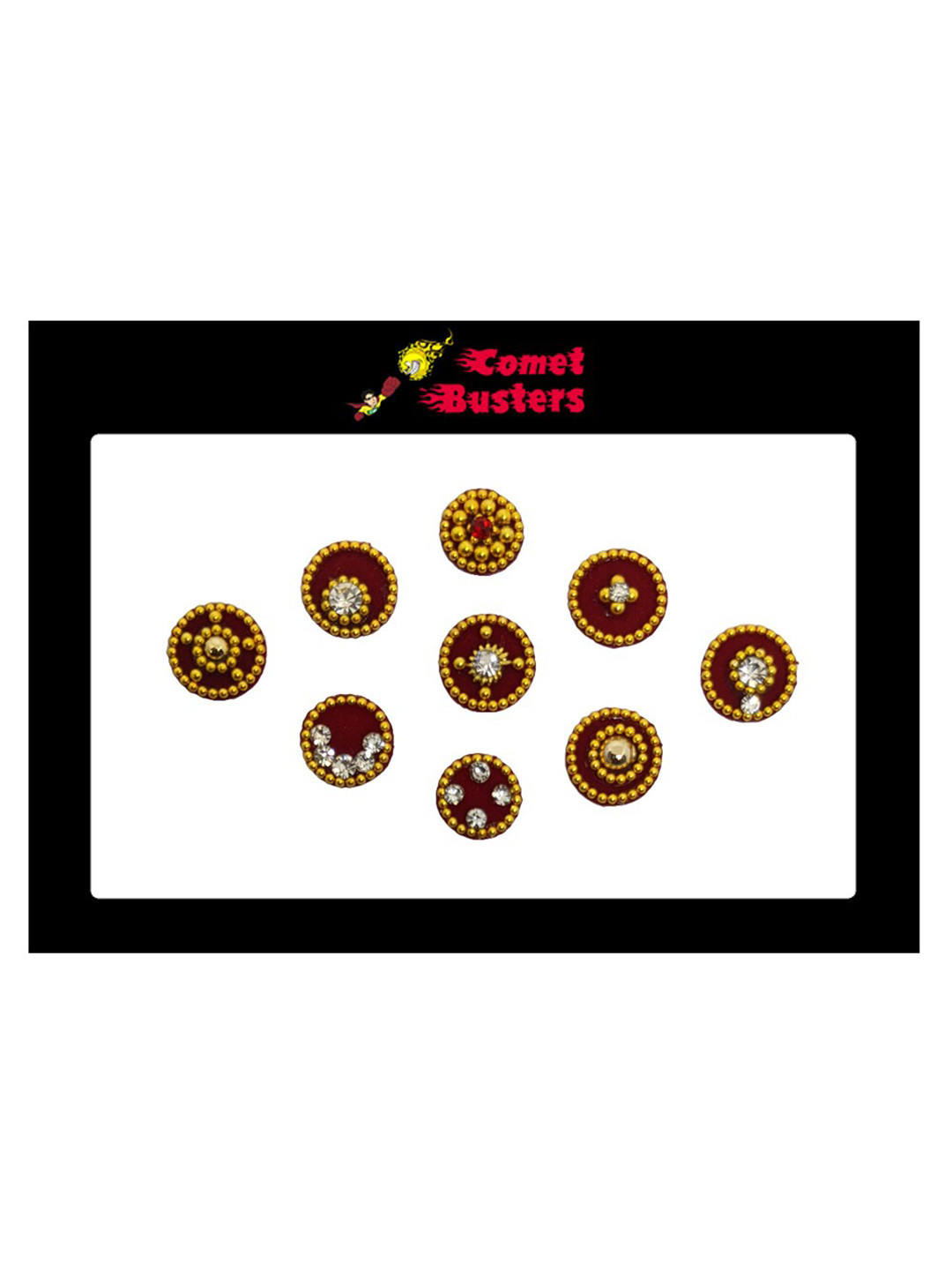 

Comet Busters 9 Pcs Embellished Reusable Designer Round Bindis - Maroon & Gold-Toned