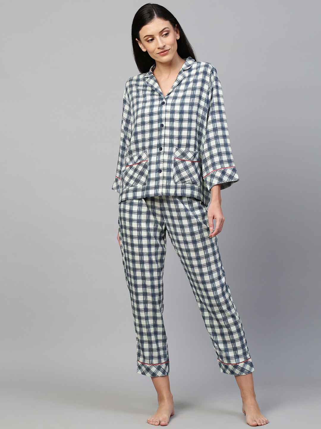 

Chemistry Women Blue & White Checked Night suit