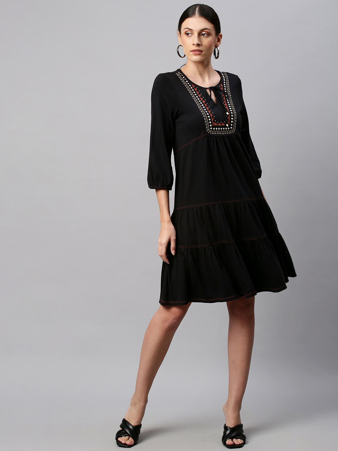

Chemistry Women Black Embroidered Tiered Dress