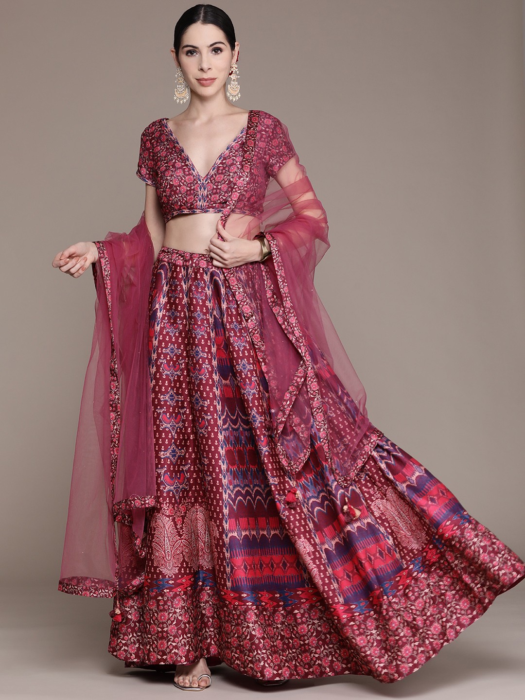 

aarke Ritu Kumar Maroon & Purple Printed Ready to Wear Lehenga & Blouse With Dupatta