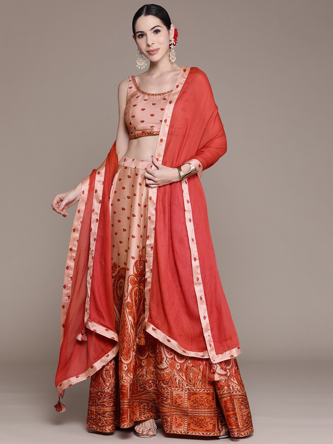 

aarke Ritu Kumar Pink & Red Embroidered Thread Work Ready to Wear Lehenga & Blouse With Dupatta