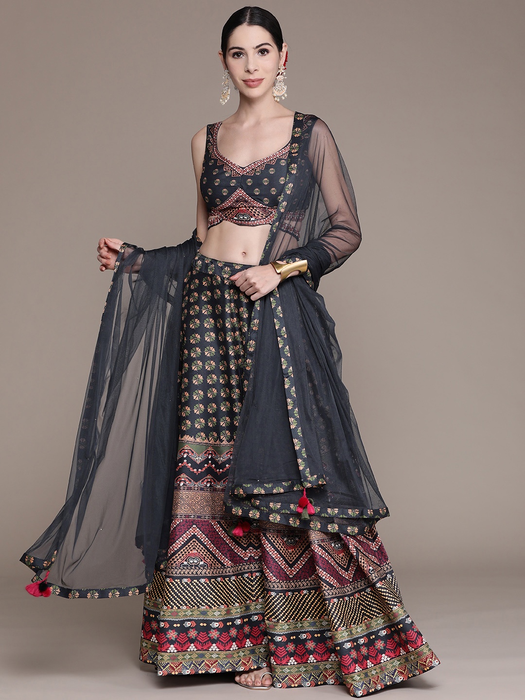 

aarke Ritu Kumar Navy Blue & Green Printed Ready to Wear Lehenga & Blouse With Dupatta