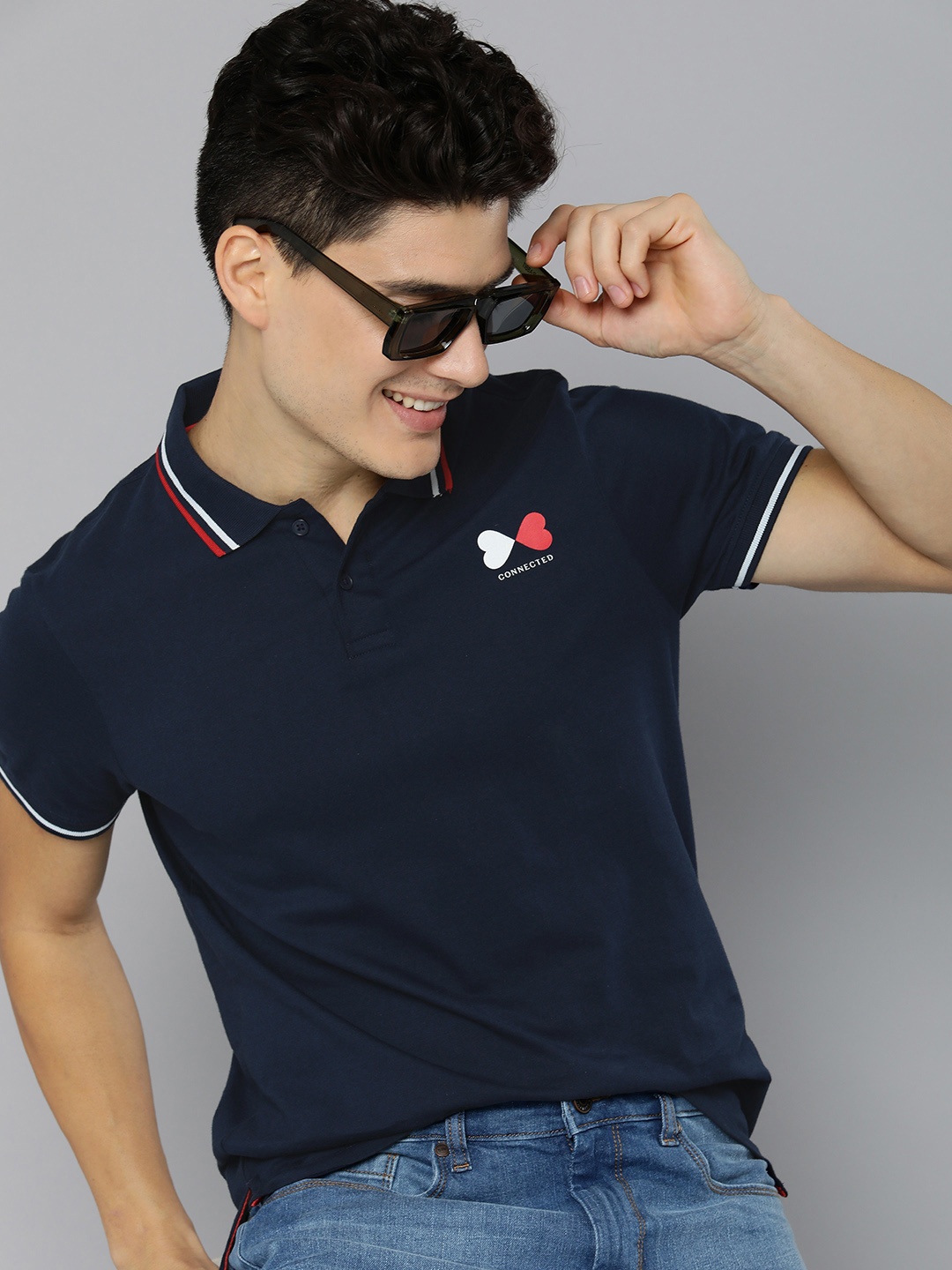 

Mast & Harbour Men Printed Polo Collar Pure Cotton T-shirt, Navy blue