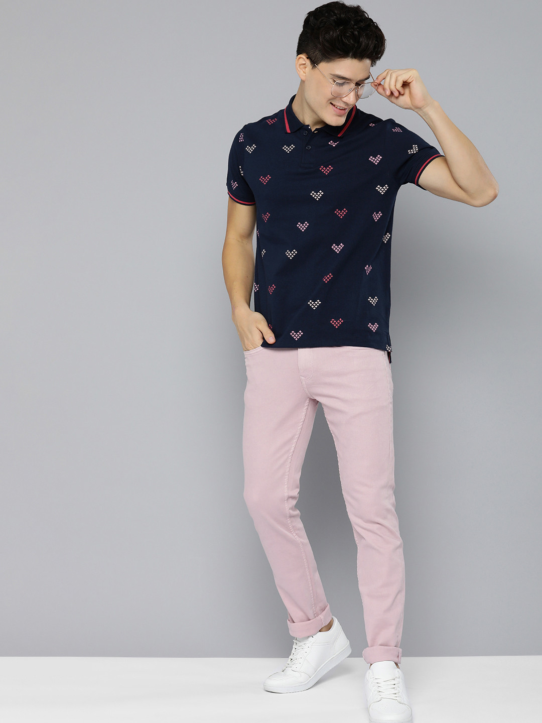 

Mast & Harbour Men Pure Cotton Geometric Printed Polo Collar T-shirt, Navy blue