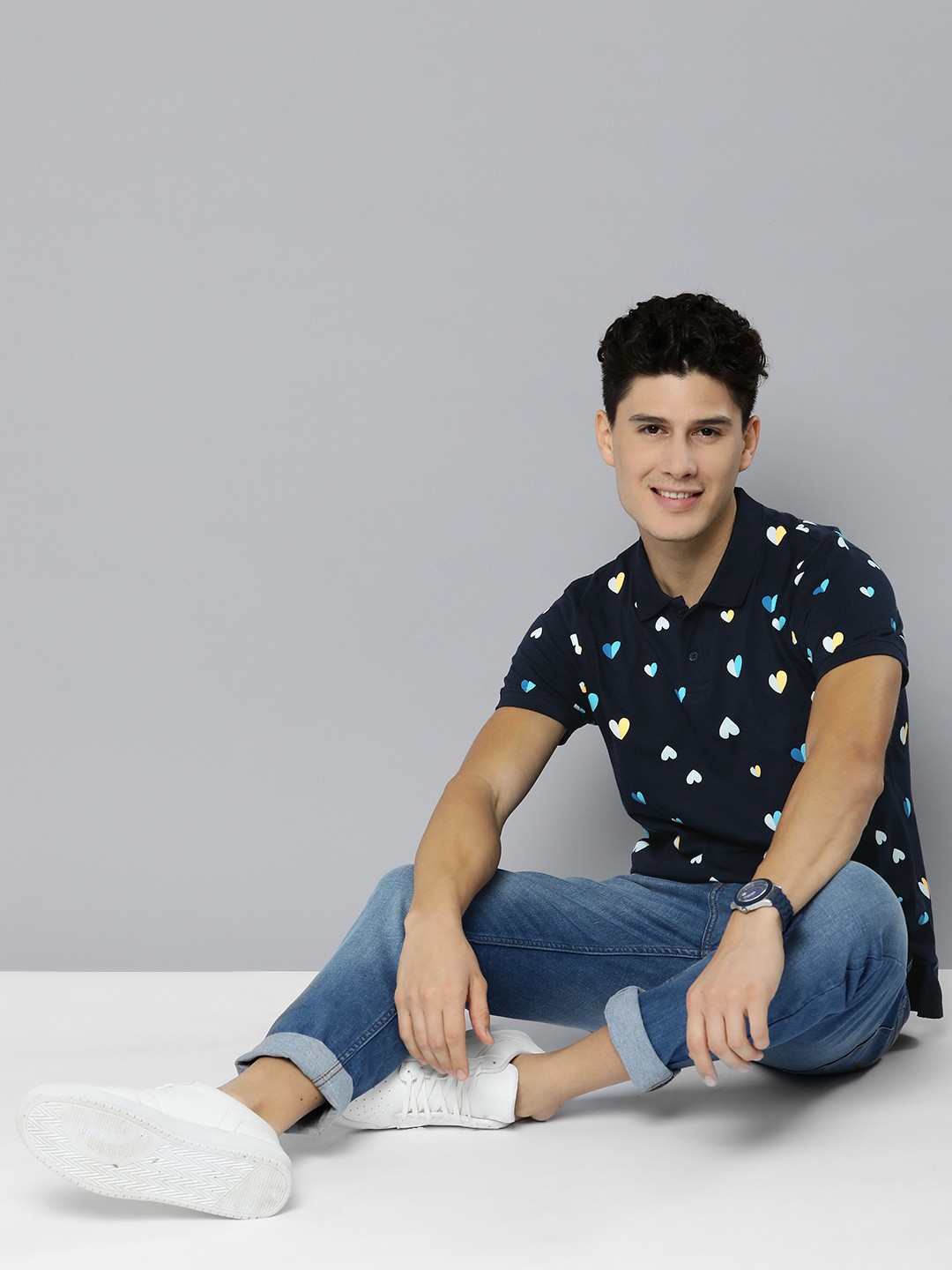 

Mast & Harbour Men Pure Cotton Geometric Printed Polo Collar T-shirt, Navy blue