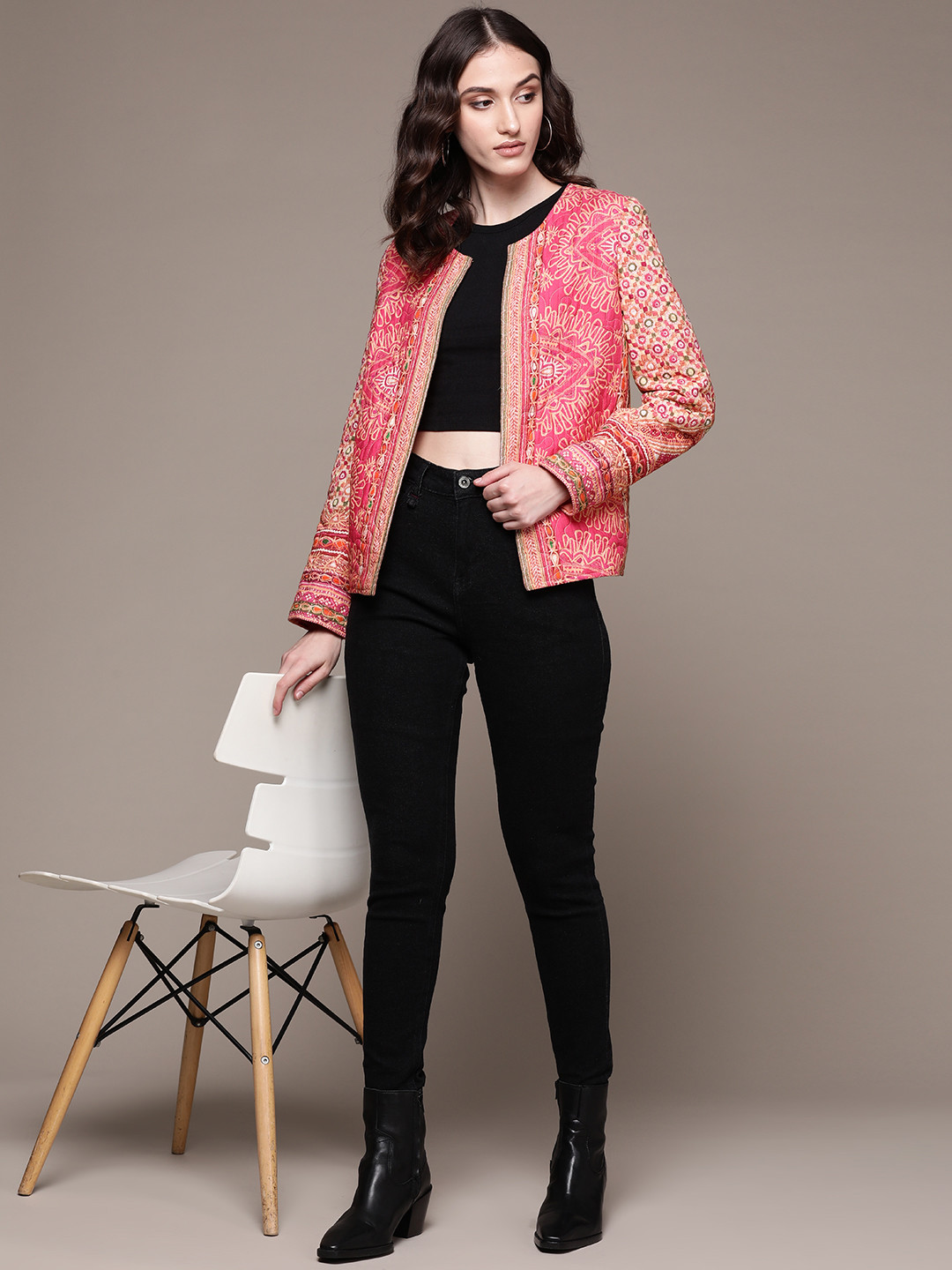 

aarke Ritu Kumar Women Geometric Quilted Open Front Jacket, Pink