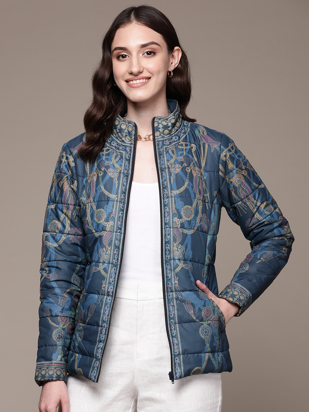 

aarke Ritu Kumar Women Floral Quilted Jacket, Blue