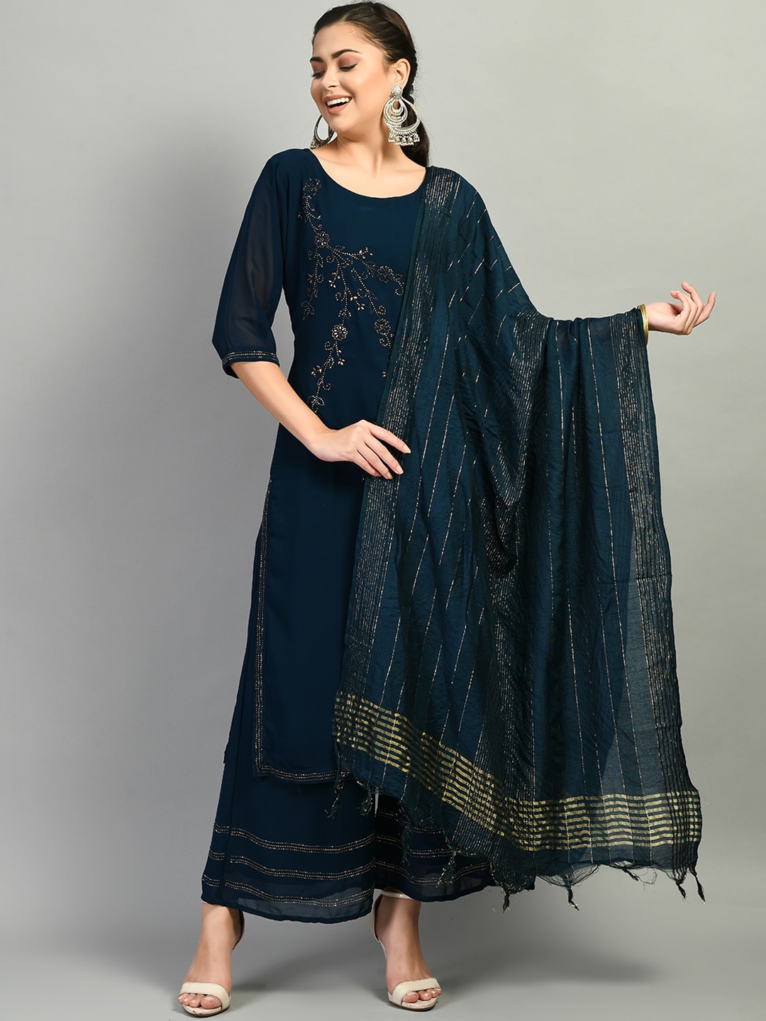 

DesiNoor com Women Teal Ethnic Motifs Embroidered Beads and Stones Kurta with Palazzos & With Dupatta