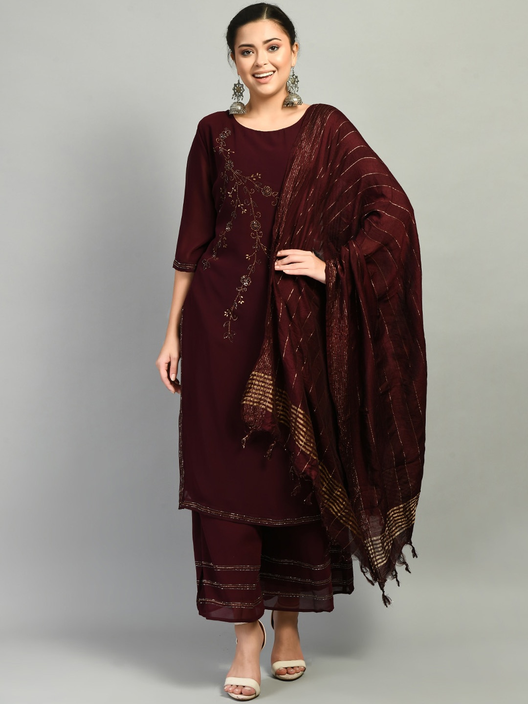 

DesiNoor com Women Burgundy Embroidered Straight Kurta with Palazzos & With Dupatta