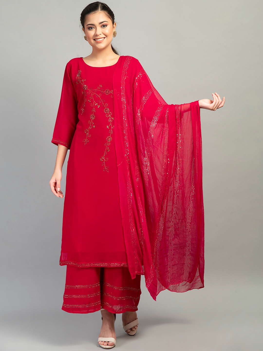 

DesiNoor com Women Red Floral Embellished Kurta with Palazzos & With Dupatta