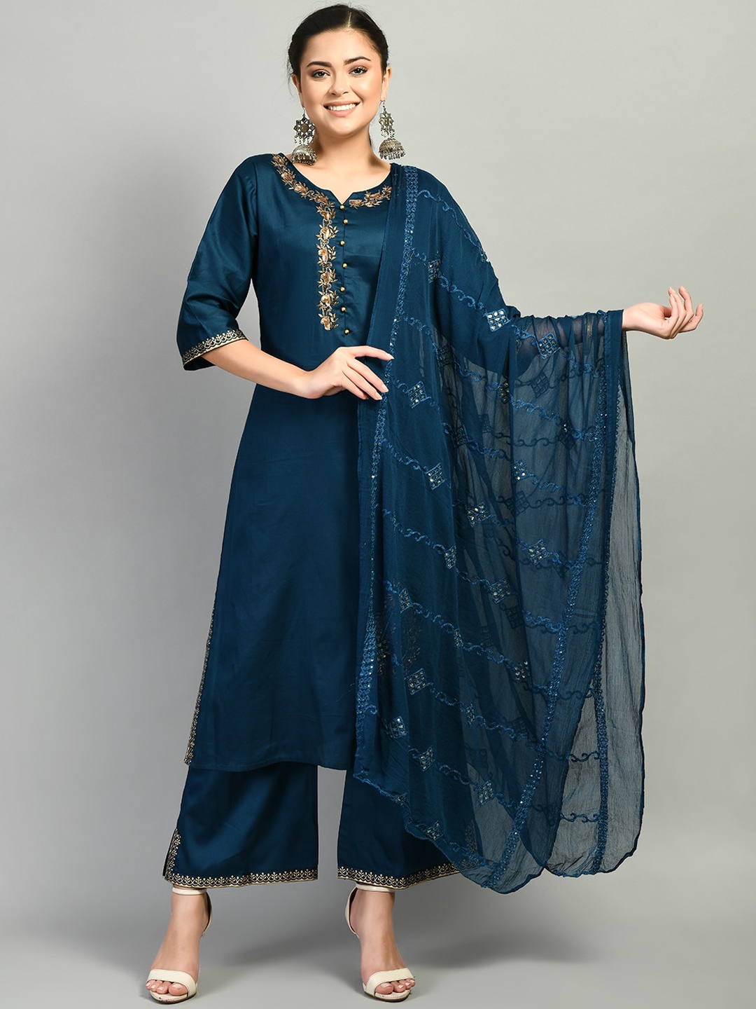 

DesiNoor.com Women Teal Embroidered Beads and Stones Kurta with Palazzos & With Dupatta