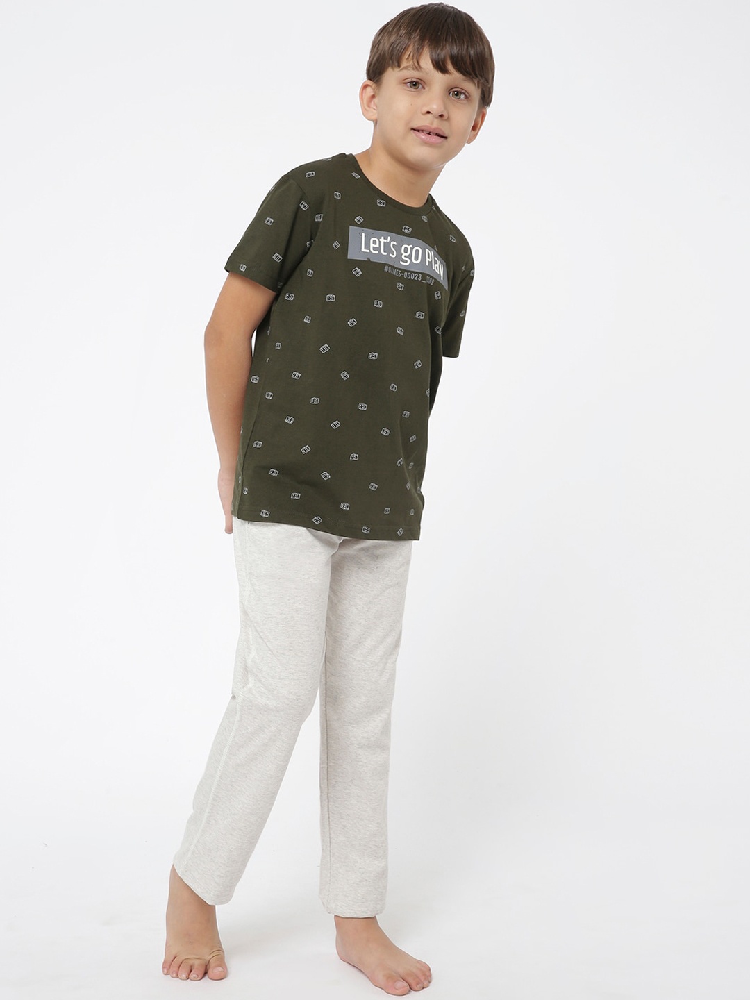 

Sweet Dreams Boys Olive Green & White Printed Night suit