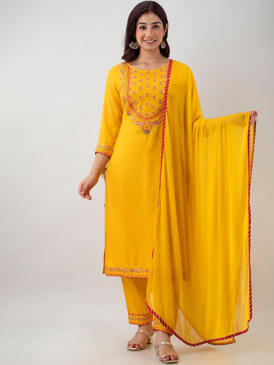 

CKM Women Mustard Yellow Floral Embroidered Kurta with Trousers & With Dupatta