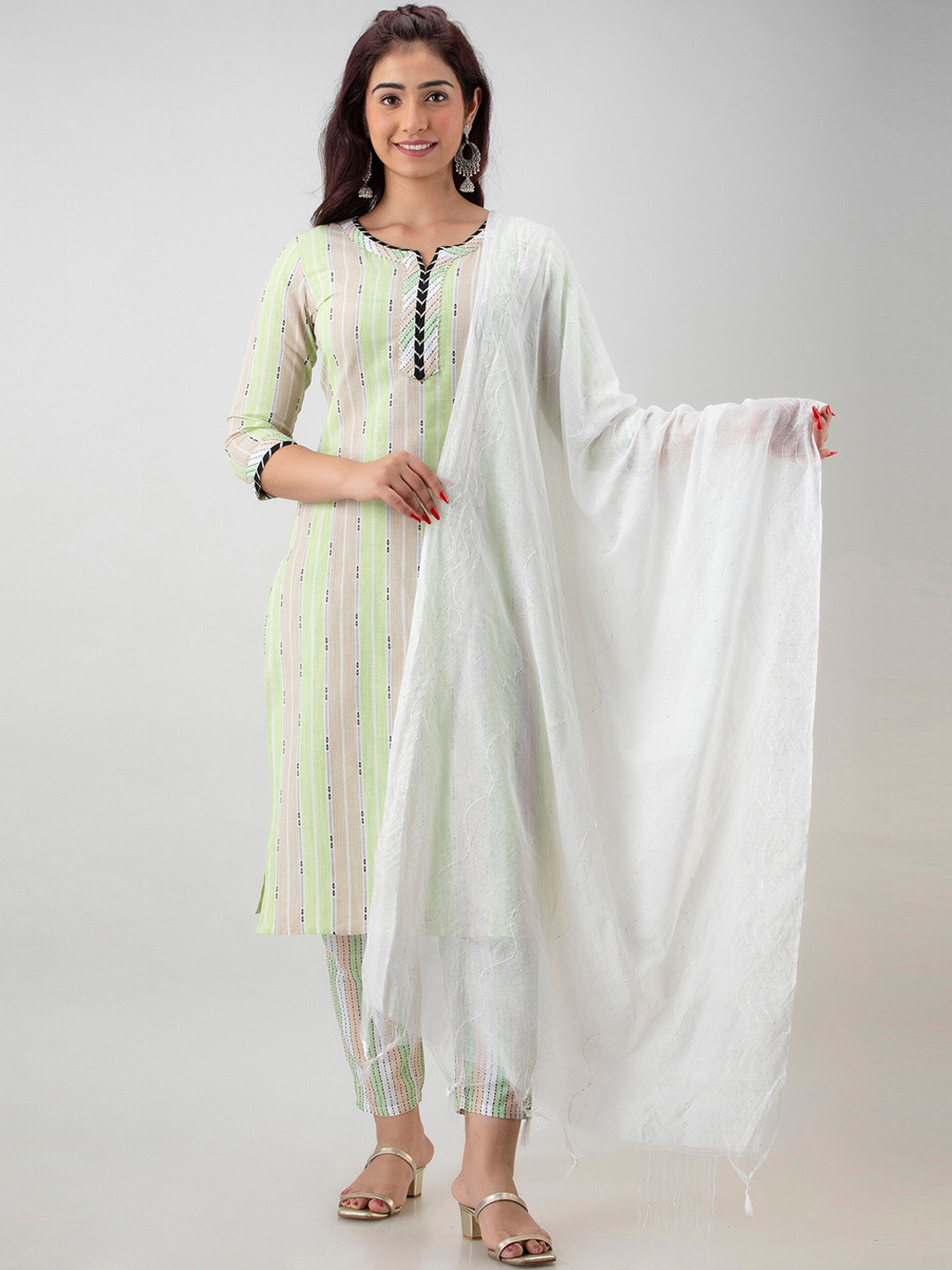 

CKM Women Green & Pink Striped Kurta with Trousers & Dupatta