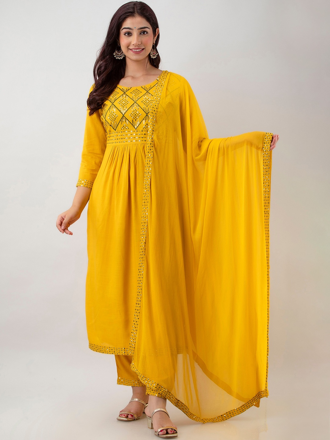 

CKM Women Mustard Yellow Embroidered Thread Work Kurta with Trousers & With Dupatta