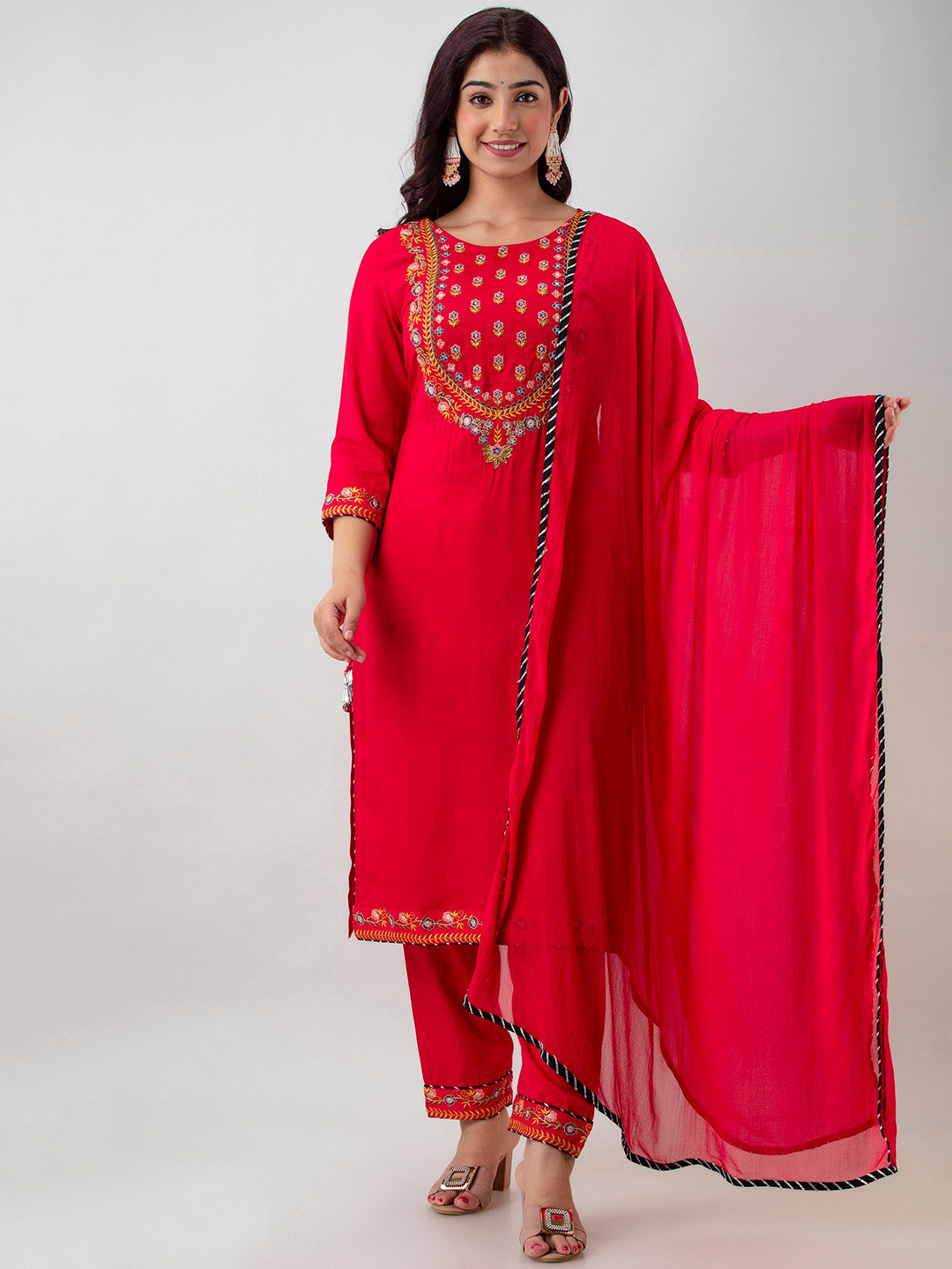 

CKM Women Pink Floral Embroidered Kurta with Trousers & With Dupatta