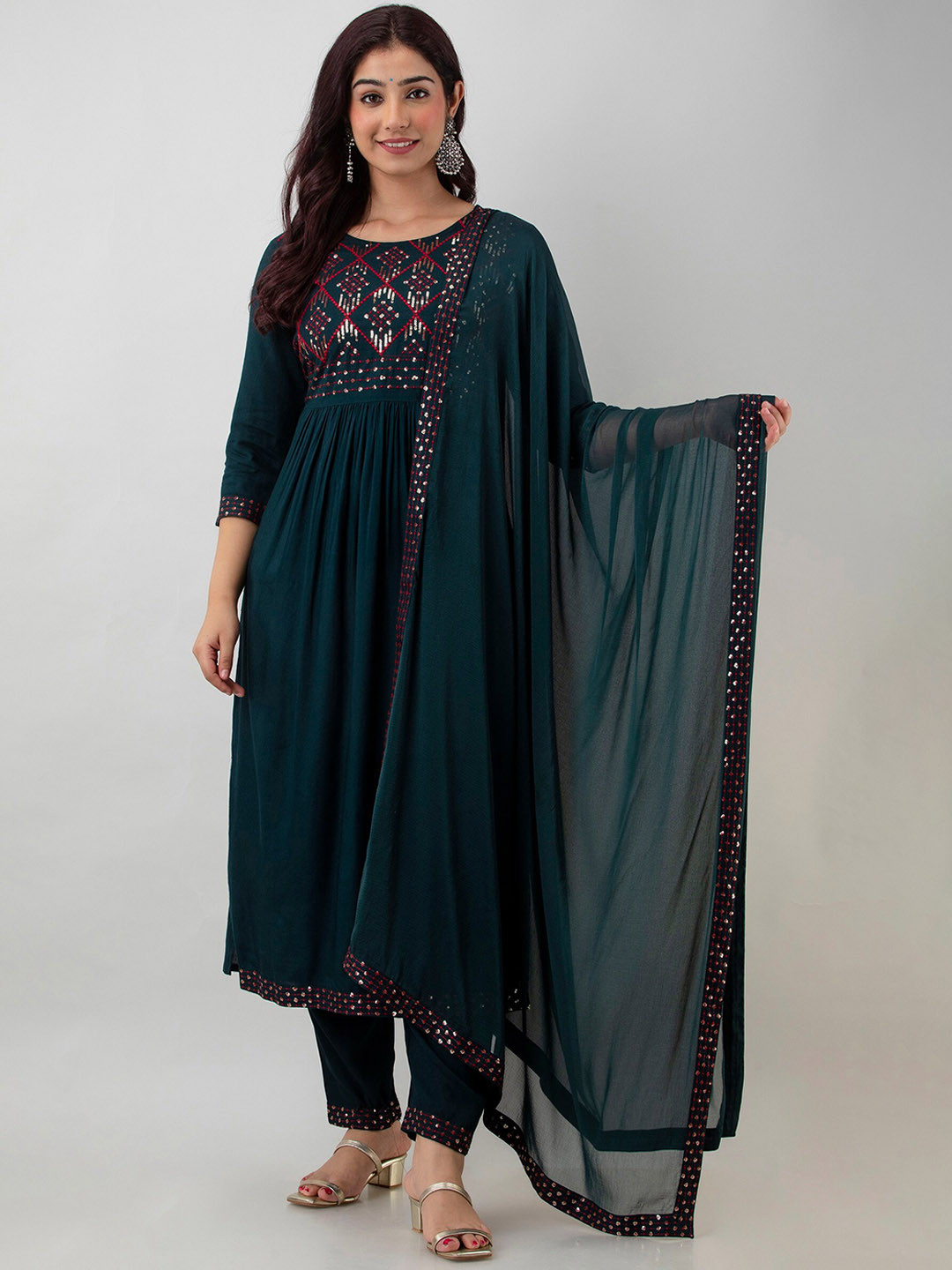 

CKM Women Green Embroidered Sequinned Kurta with Trousers & Dupatta