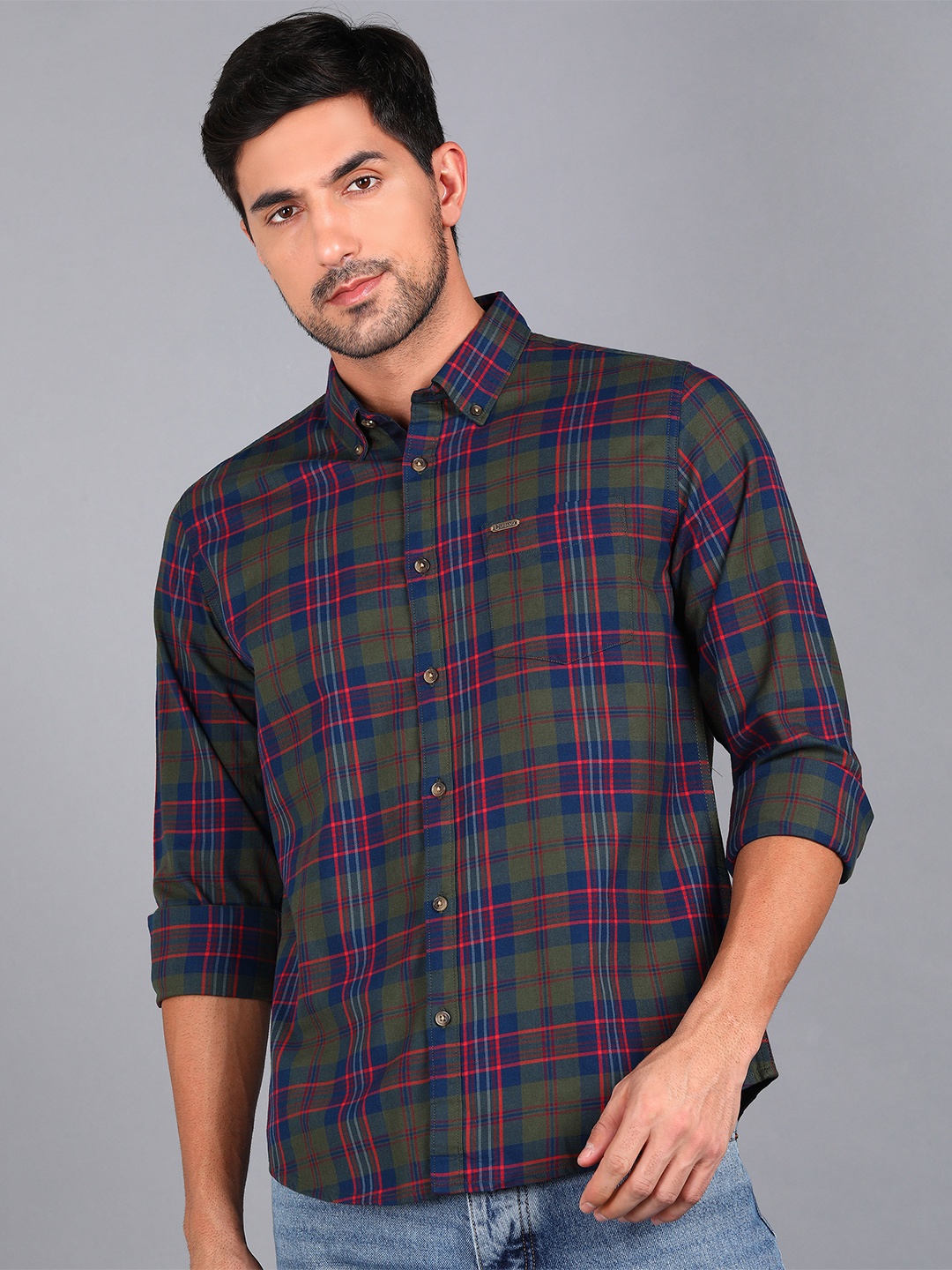 

Urbano Fashion Men Slim Fit Tartan Checked Cotton Casual Shirt, Olive