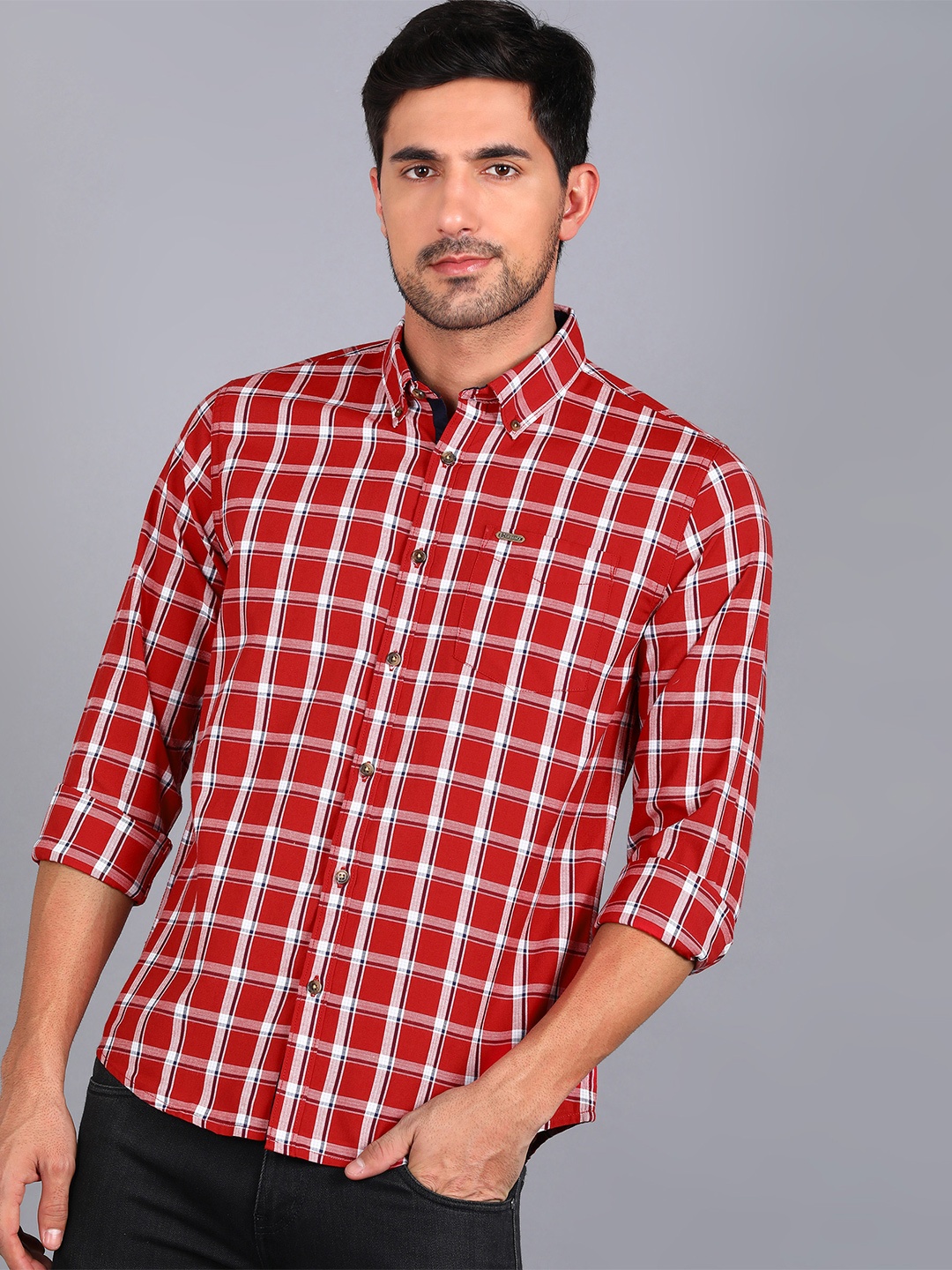 

Urbano Fashion Men Slim Fit Checked Cotton Casual Shirt, Red