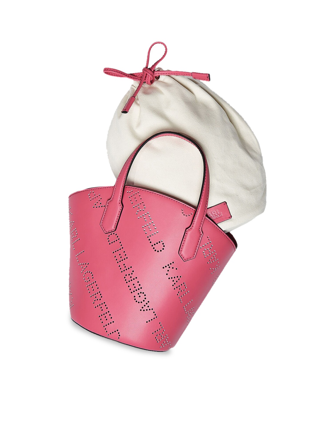 

Karl Lagerfeld Pink Leather Oversized Structured Handheld Bag with Cut Work