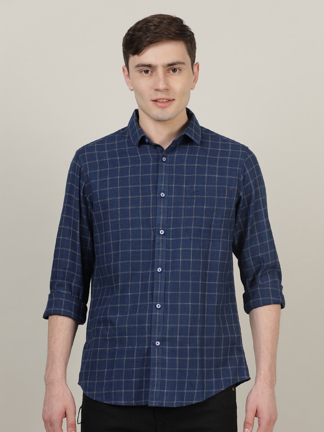 

Crocodile Men Blue Cotton Classic Grid Tattersall Checks Checked Casual Shirt