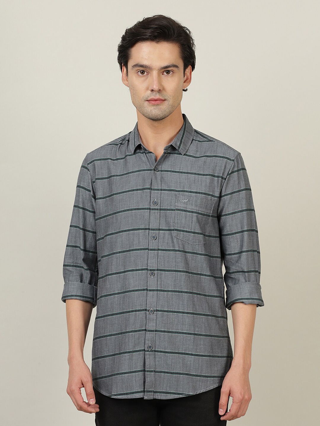 

Crocodile Men Grey Classic Slim Fit Horizontal Stripes Striped Casual Cotton Shirt