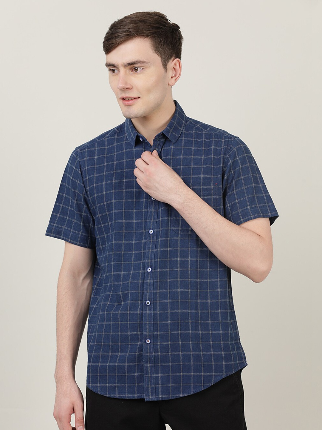 

Crocodile Men Blue Classic Grid Tattersall Checked Cotton Casual Shirt