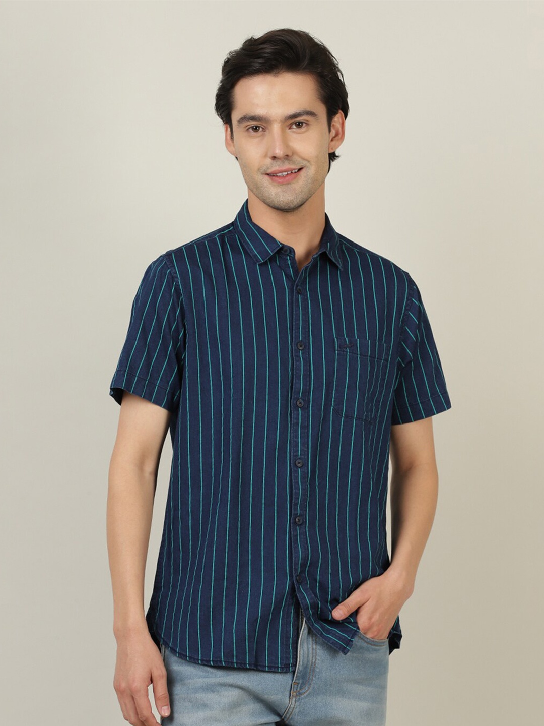 

Crocodile Men Blue Classic Striped Cotton Casual Shirt