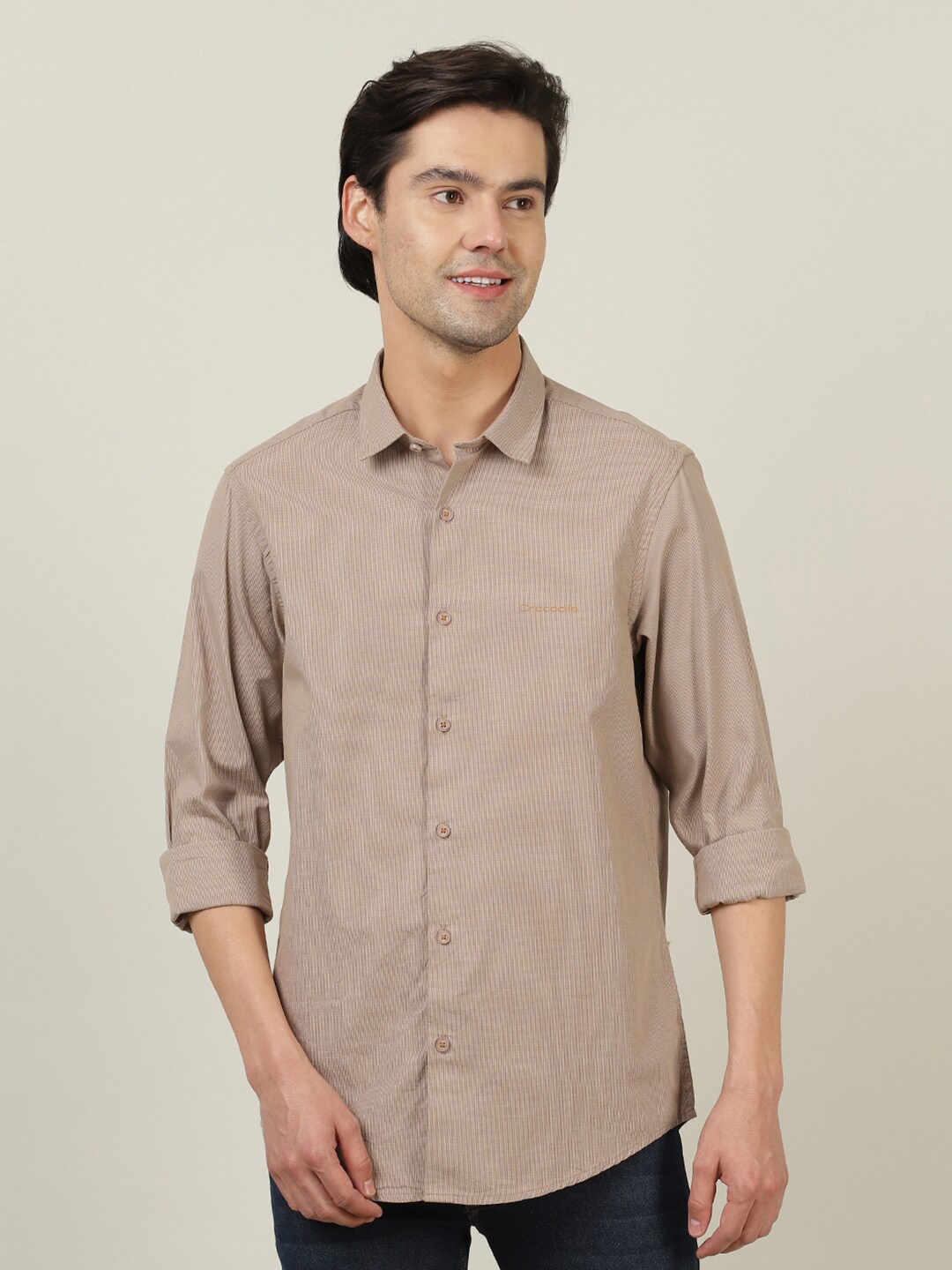 

Crocodile Men Beige Cotton Classic Casual Shirt