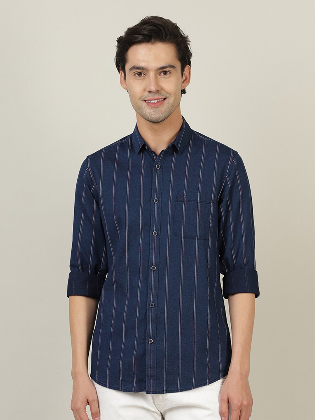 

Crocodile Men Blue Striped Cotton Casual Shirt
