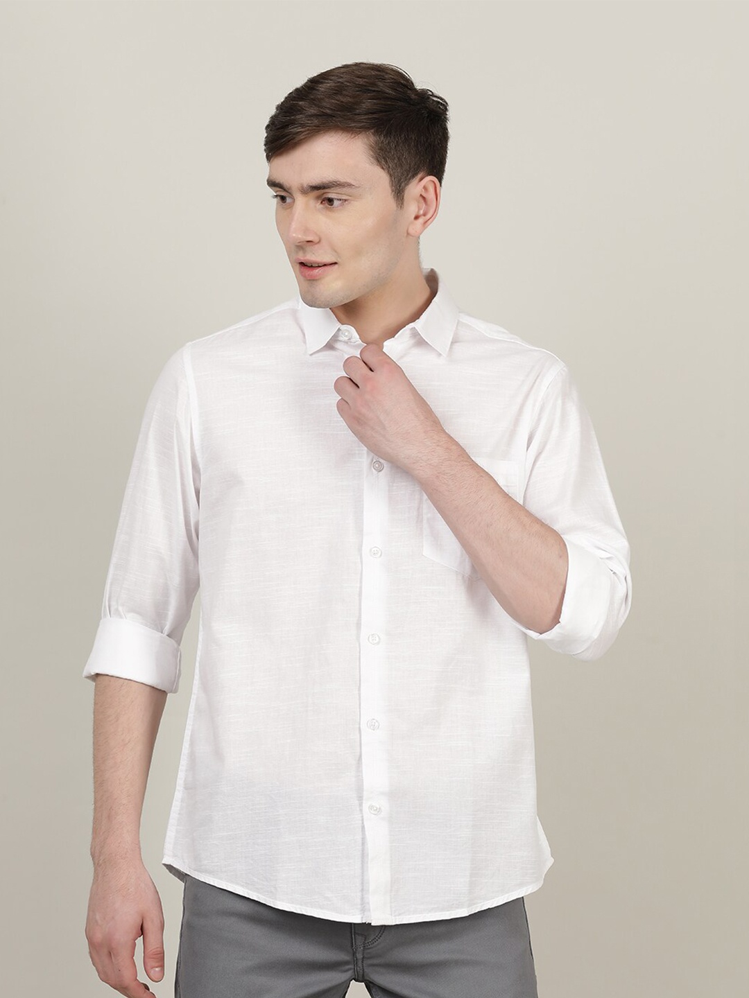 

Crocodile Men White Classic Casual Solid Cotton Shirt