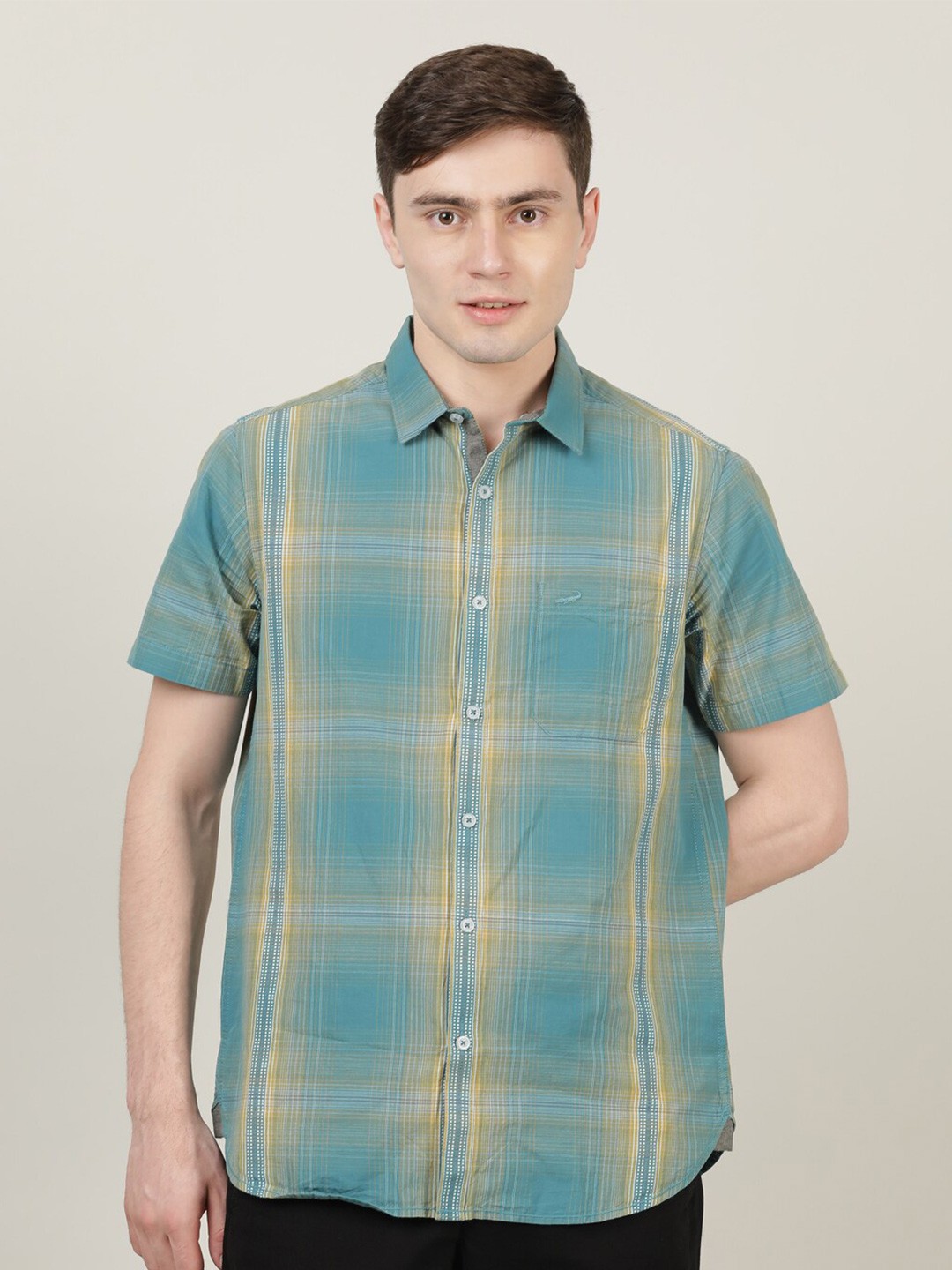 

Crocodile Men Sea Green Tartan Checks Checked Classic Casual Shirt
