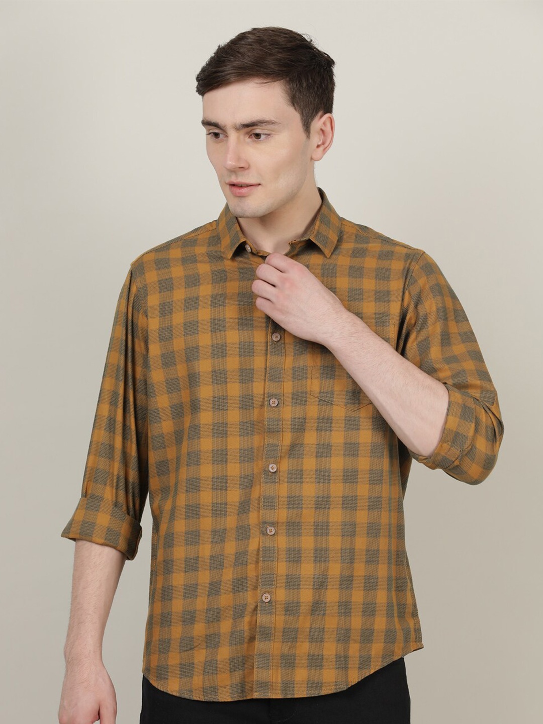 

Crocodile Men Brown Classic Tartan Checked Cotton Casual Shirt