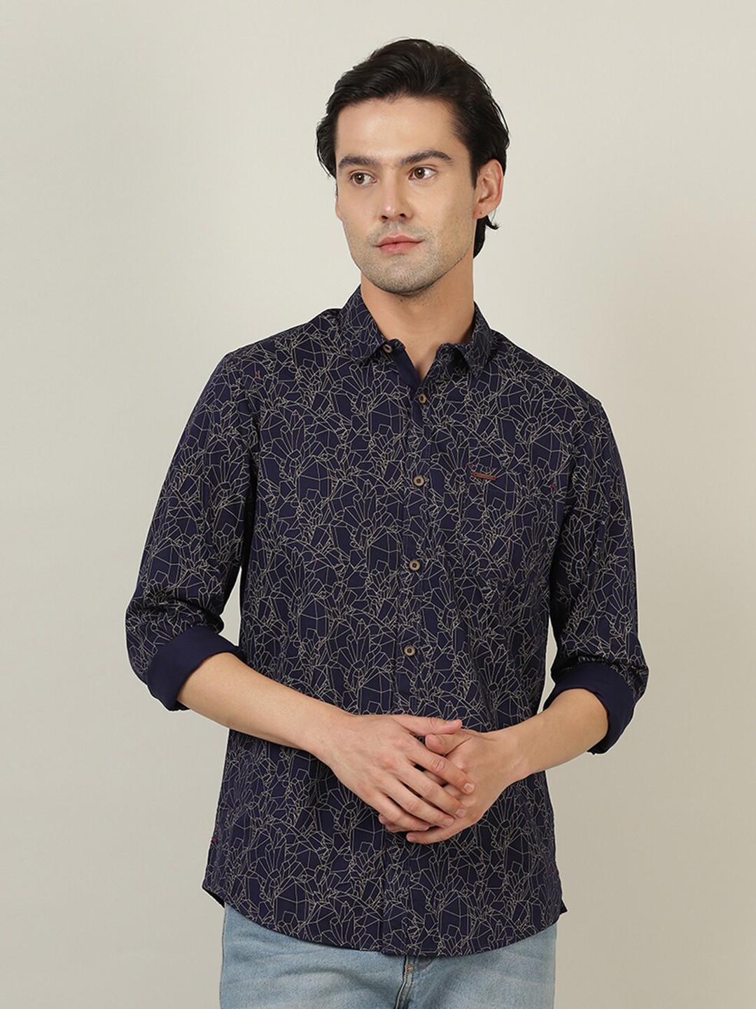 

Crocodile Men Navy Blue Classic Slim Fit Printed Cotton Casual Shirt