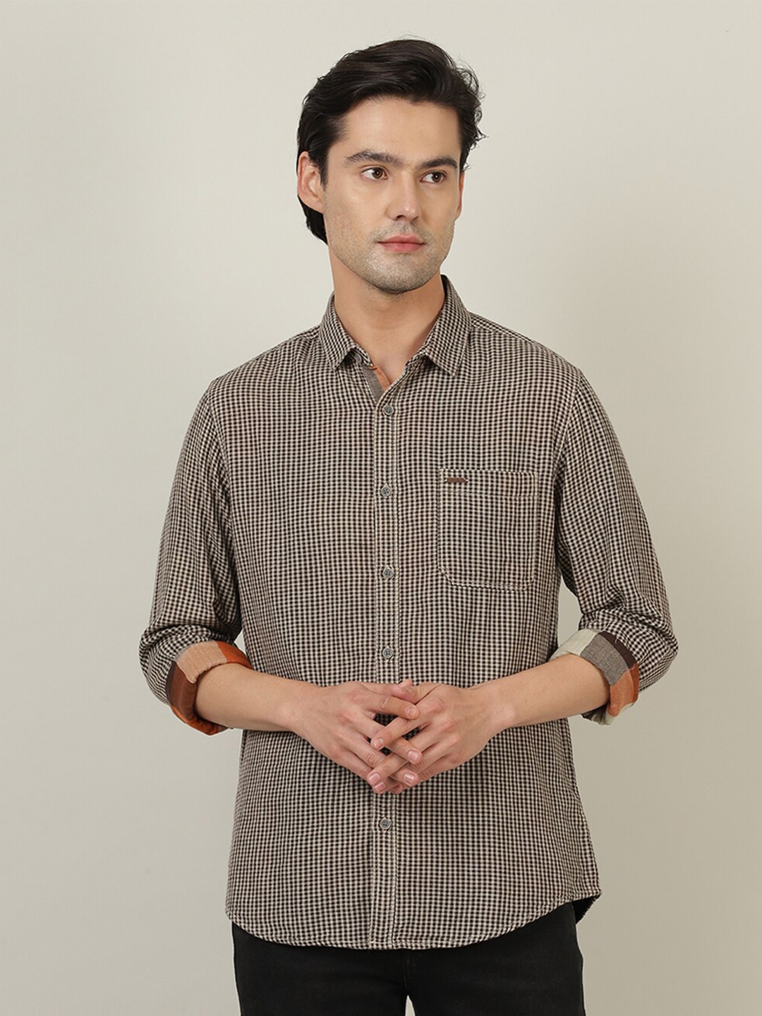 

Crocodile Men Brown Classic Micro Checks Printed Casual Shirt