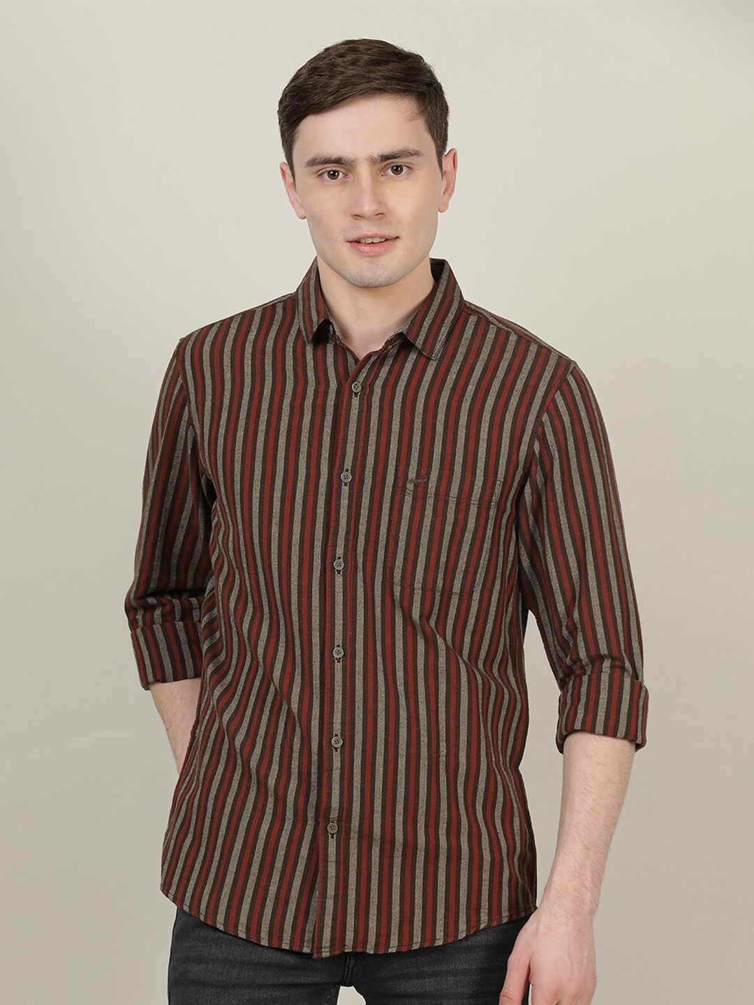 

Crocodile Men Brown Classic Slim Fit Striped Casual Cotton Shirt