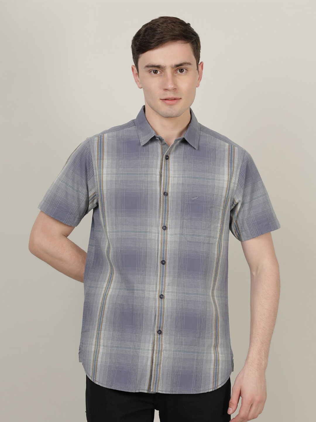 

Crocodile Men Grey Classic Tartan Checked Casual Cotton Shirt