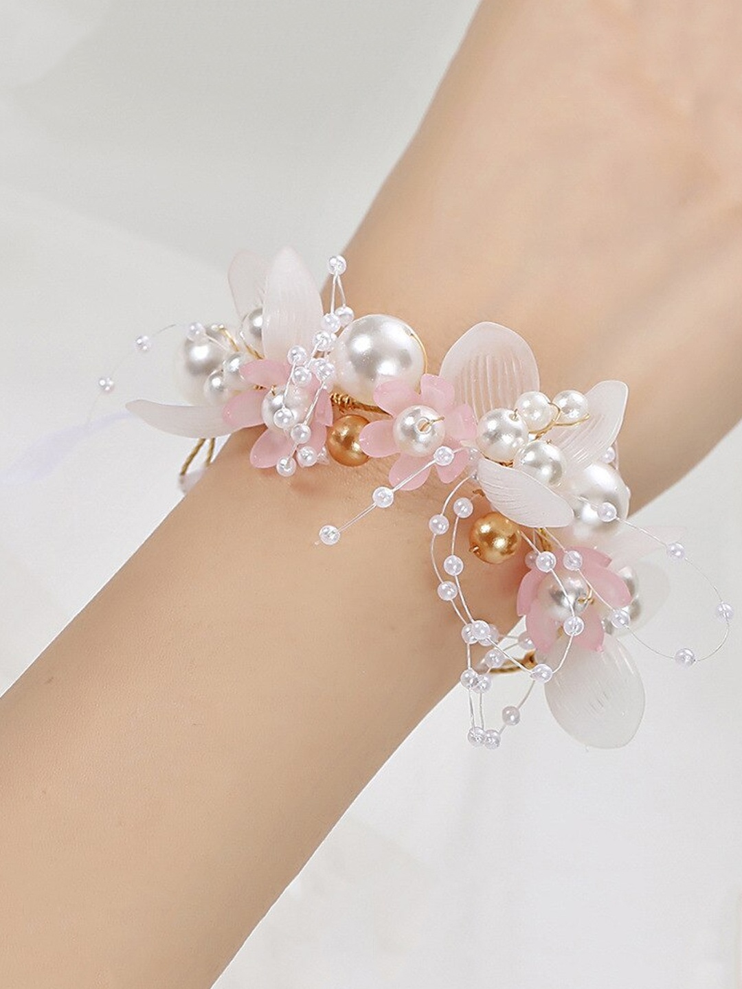 

Yellow Chimes Pink & White Pearl Beaded Floral Fabric Wraparound Bracelet