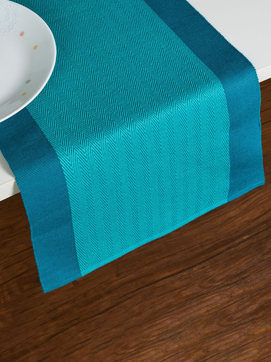 

Home Centre Teal Blue Printed Cotton Table Runner