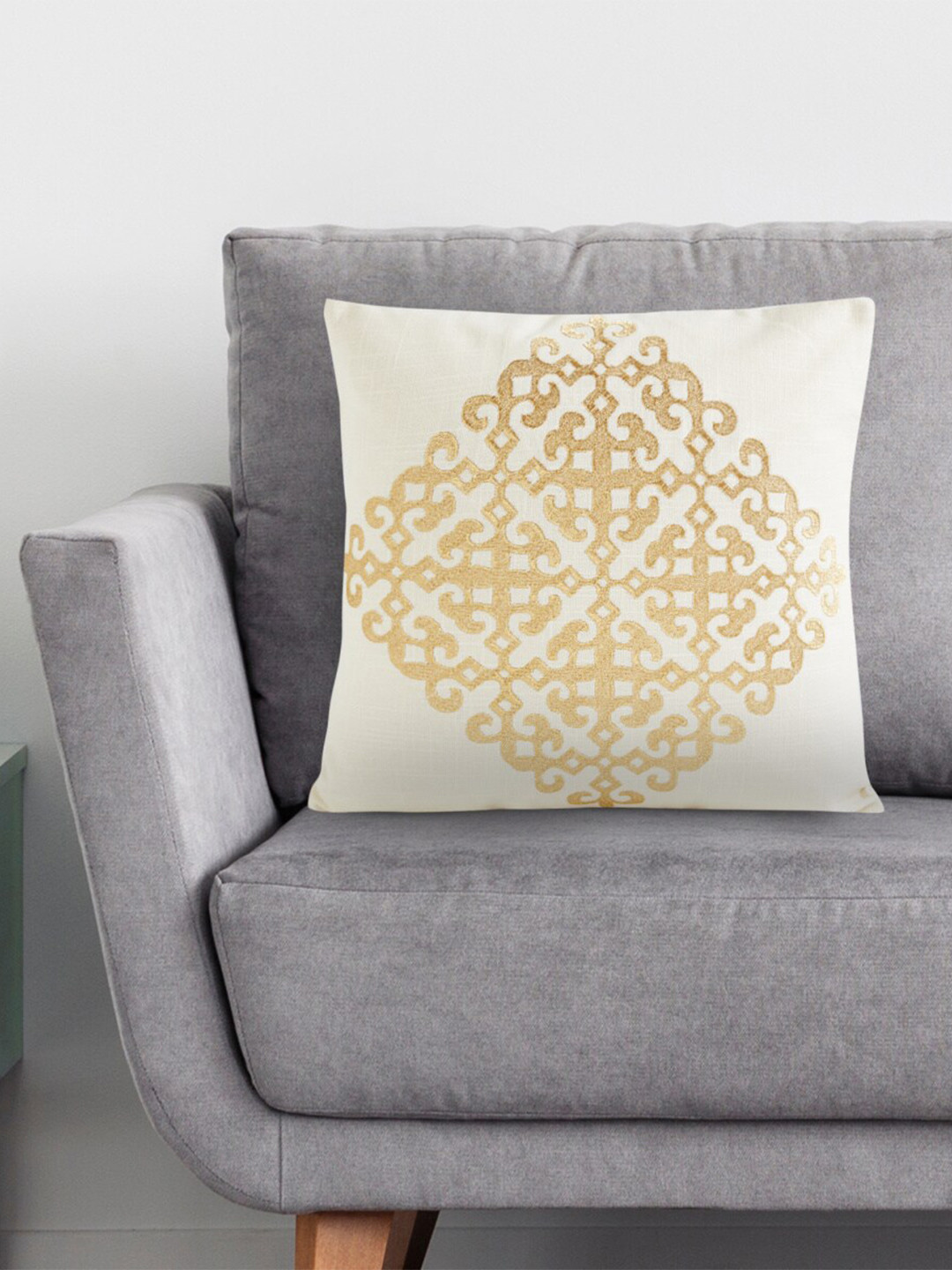 

Home Centre White & Gold-Toned Embroidered Square Cushion Covers