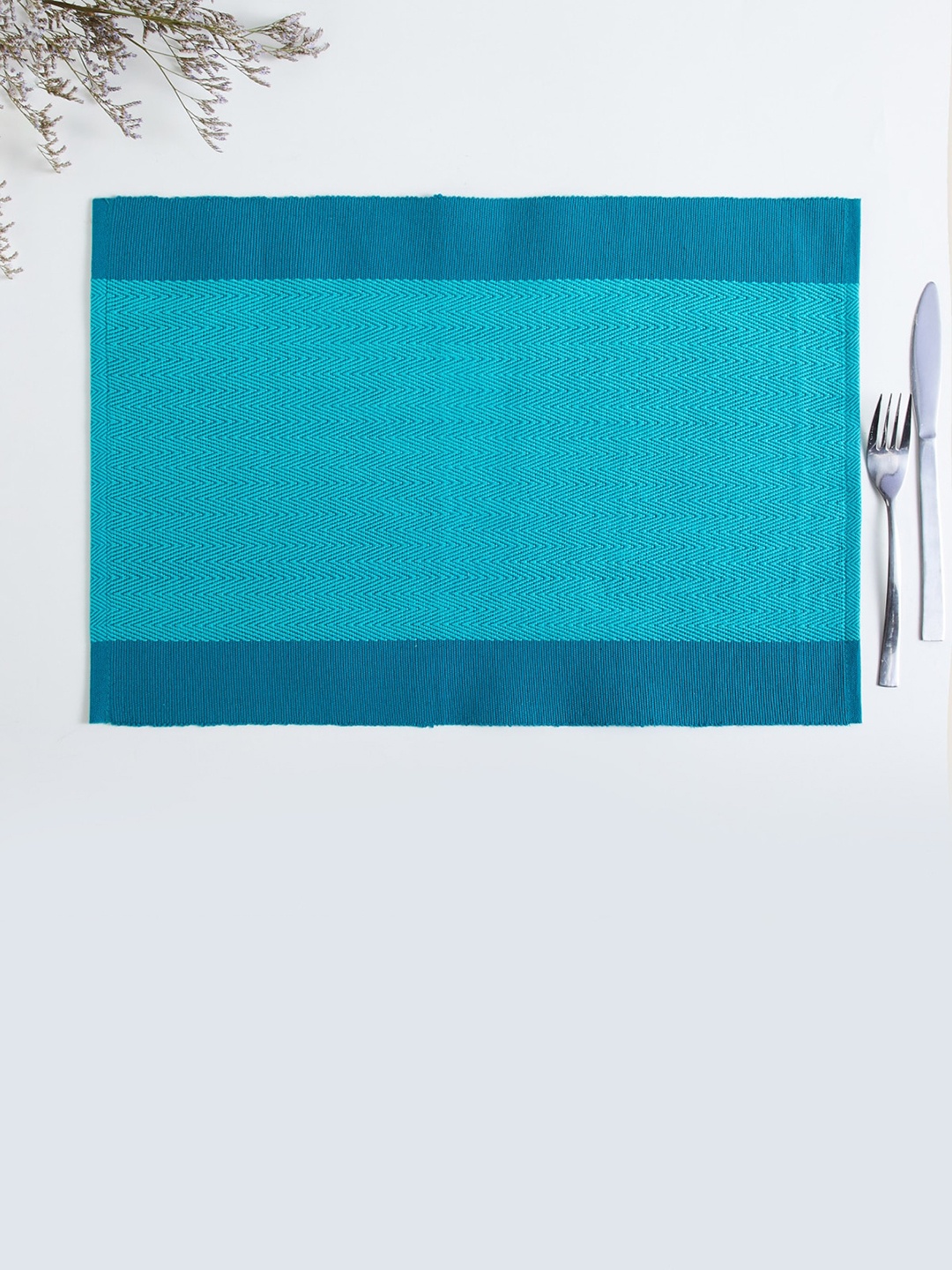 

Home Centre Set Of 2 Teal Blue Woven Design Cotton Table Runners