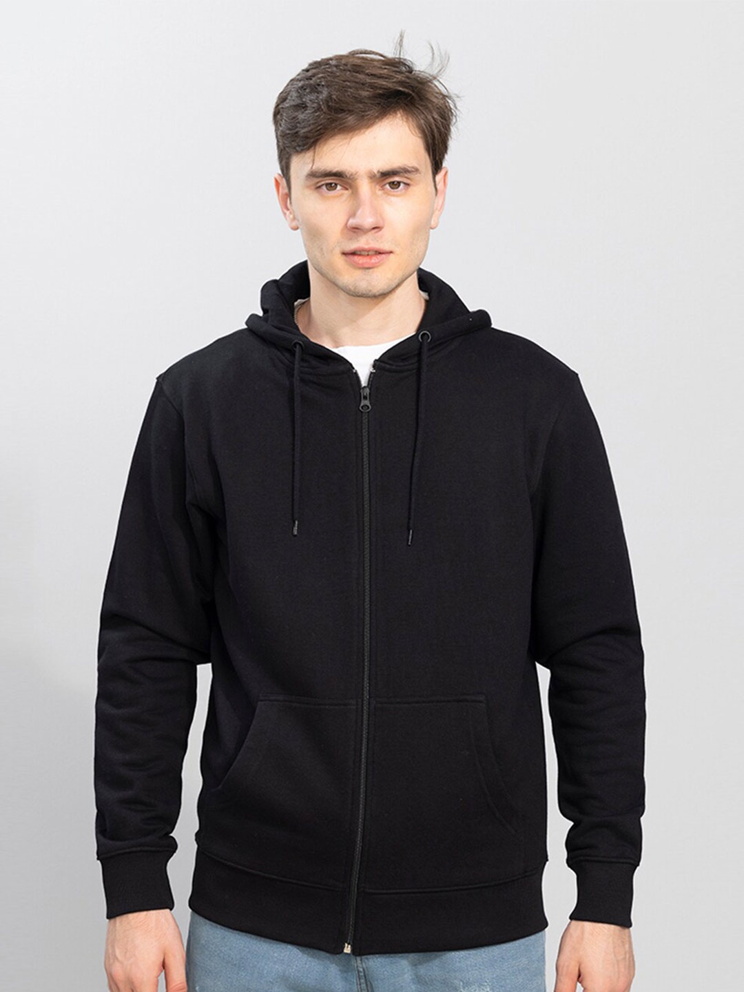 

Snitch Men Black Solid Cotton Hooded Sweatshirt