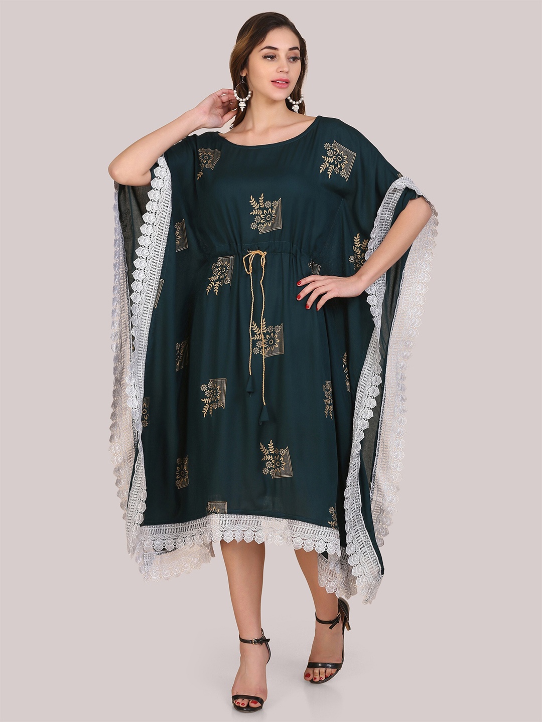 

Atsevam Women Green & White Floral Kaftan Midi Dress