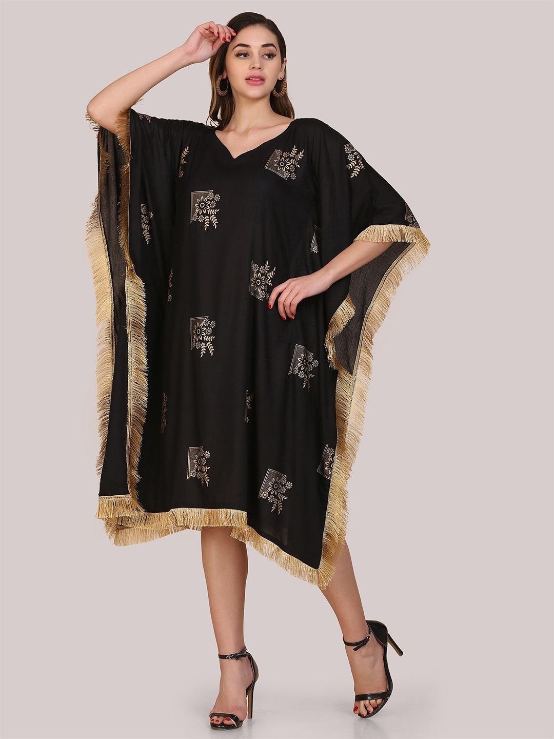 

Atsevam Women Black Ethnic Motifs Kaftan Midi Dress