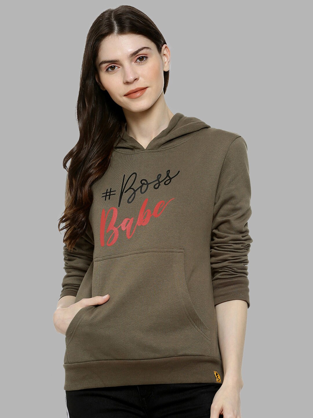 

Campus Sutra Women Olive Green Typography Printed Cotton Hooded Sweatshirt